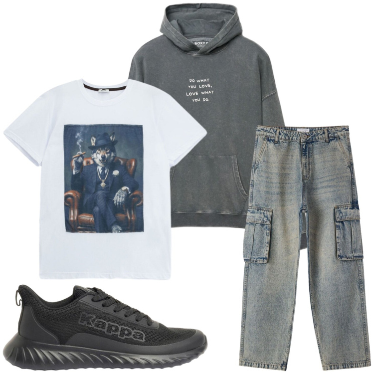 Outfit uomo - Casual time. Stile Casual per Tutti i giorni. Abbinamento con sneakers, jeans, felpe con cappuccio, t-shirt.