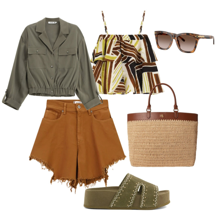Outfit donna - Please Summer. per Tutti i giorni. Abbinamento con shorts, camicie, top, borse tote, occhiali da sole, ciabatte.