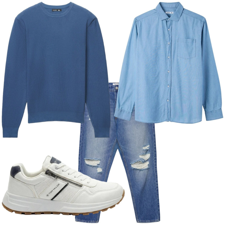 Outfit uomo - Jeans strappati. Stile Trendy per Tutti i giorni. Abbinamento con sneakers, jeans strappati, maglieria, camicie.