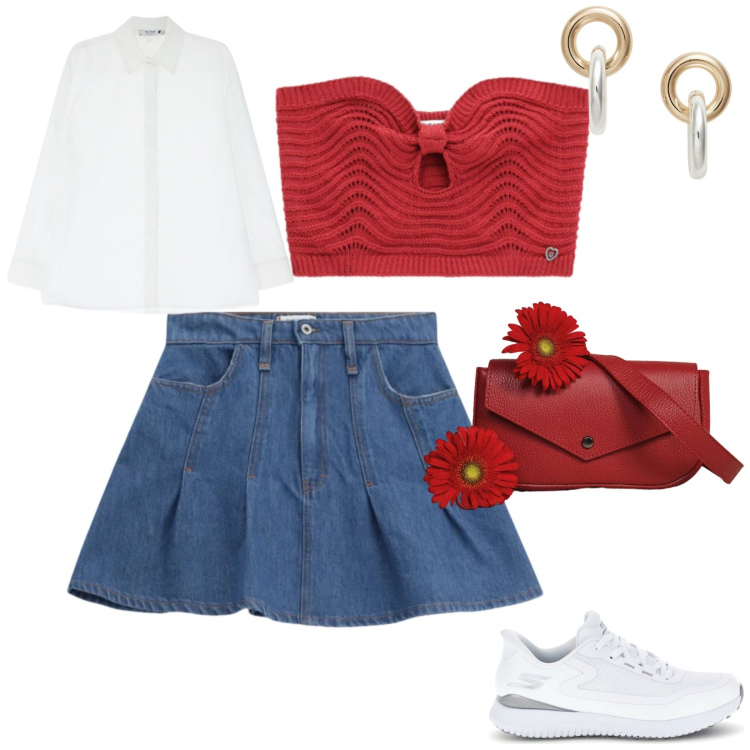 Outfit donna - No shorts ma gonna in denim. per Tutti i giorni. Abbinamento con top, camicie, minigonne, borse a tracolla, orecchini, sneakers.