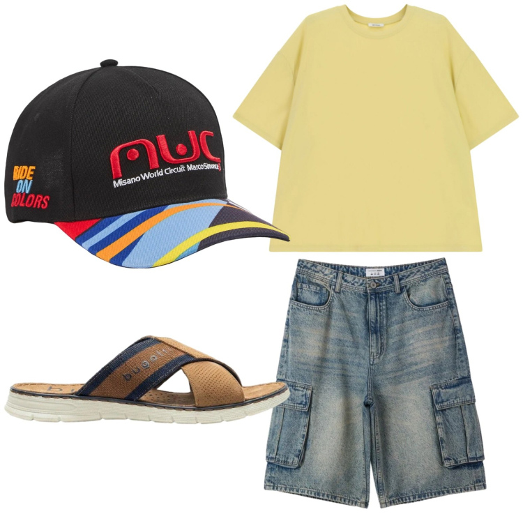 Outfit uomo - Street style. Stile Casual per Tutti i giorni. Abbinamento con sandali, cappelli con visiera, pantaloni corti, t-shirt.
