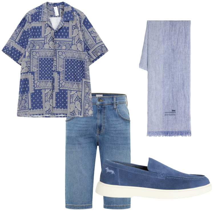 Outfit uomo - Street style. Stile Trendy per Tutti i giorni. Abbinamento con bermuda, camicie a manica corta, sciarpe, scarpe stringate.