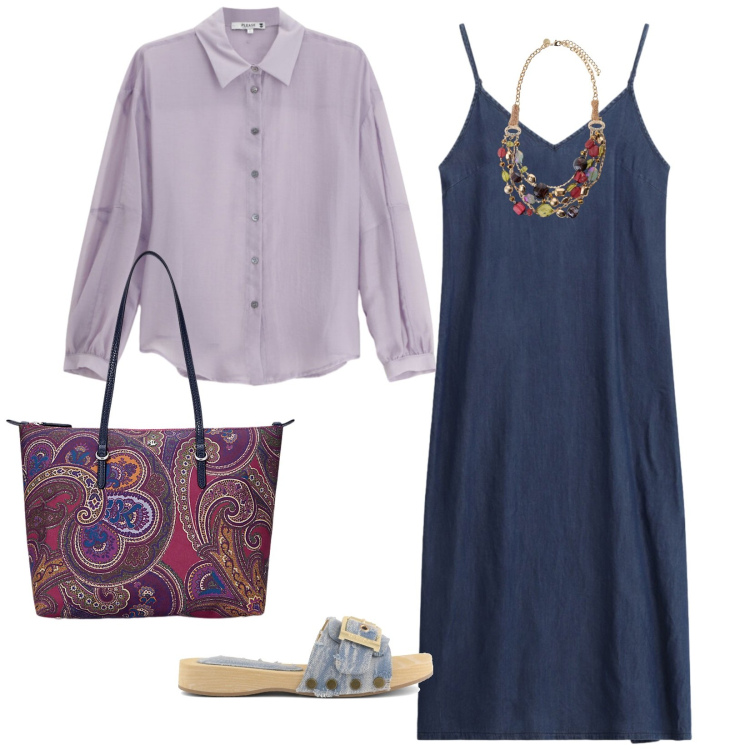 Outfit donna - Estate comoda. per Tutti i giorni. Abbinamento con vestiti midi/longuette, camicie, collane, borse tote, ciabatte.
