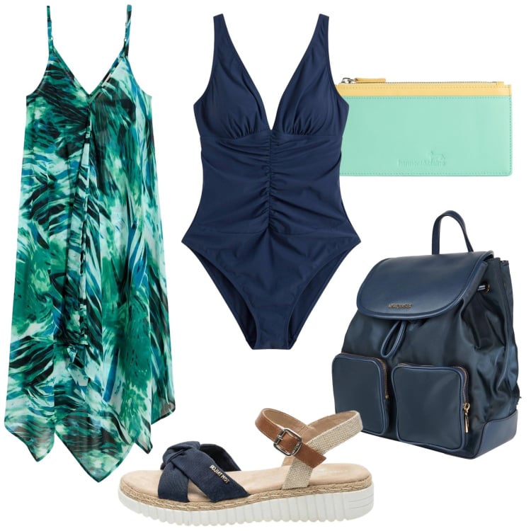 Outfit donna - Un giro al mare. Stile Casual per Mare. Abbinamento con zaini, costumi interi, vestiti da spiaggia, sandali, portafogli.