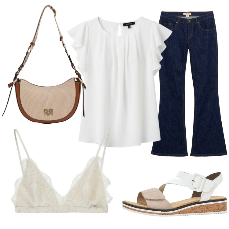 Outfit donna - Total look #2409571. Stile Casual per Tutti i giorni. Abbinamento con sandali, jeans a zampa, reggiseni, top, borse a tracolla.