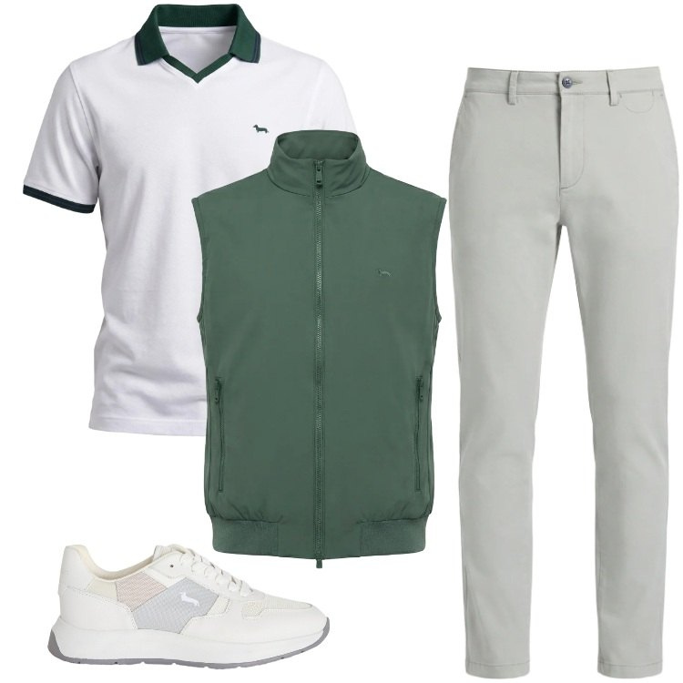 Outfit uomo - Total look #2409572. Stile Trendy per Tutti i giorni. Abbinamento con polo, pantaloni chino, sneakers, gilet.