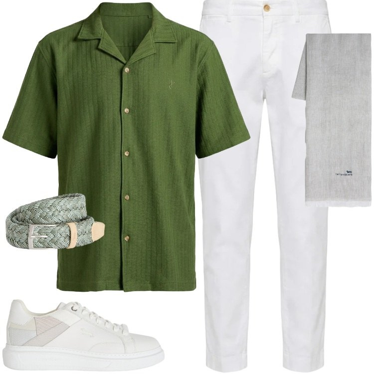 Outfit uomo - Total look #2409573. Stile Trendy per Tutti i giorni. Abbinamento con sneakers, sciarpe, pantaloni chino, camicie a manica corta, cinture.