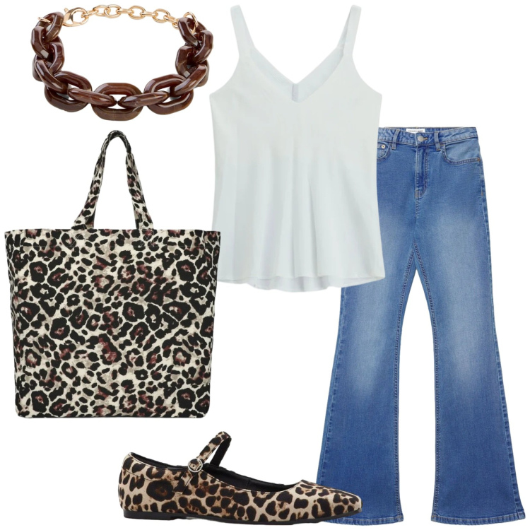 Outfit donna - Total look #2409577. Stile Casual chic per Tutti i giorni. Abbinamento con ballerine, braccialetti, jeans a zampa, shopping bag, top.
