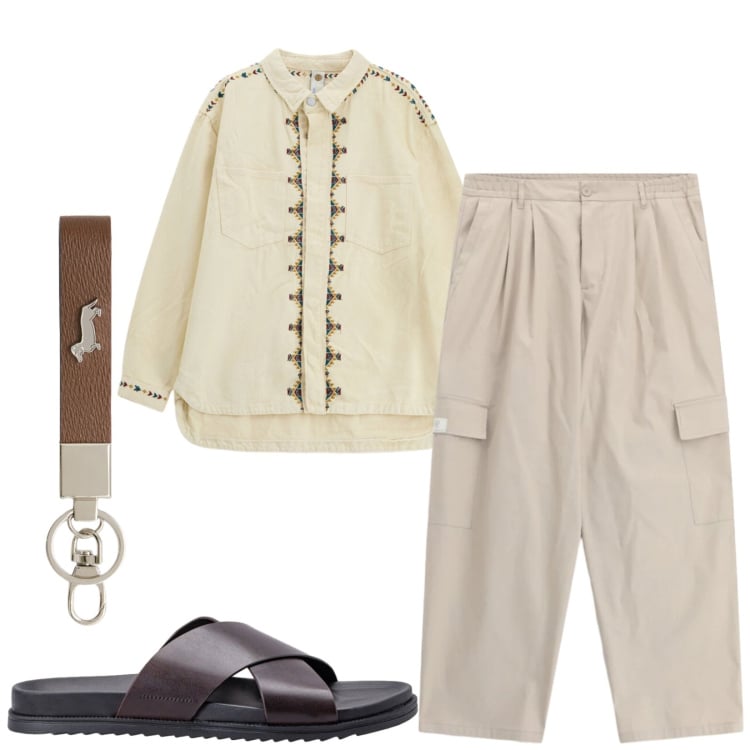 Outfit uomo - Total look #2409581. Stile Trendy per Tutti i giorni. Abbinamento con camicie, pantaloni cargo, portachiavi, sandali.
