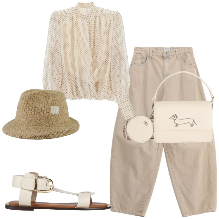 Outfit donna - Eleganza in beige. Stile Trendy per Serata fuori. Abbinamento con sandali alla schiava, camicie, borse a tracolla, jeans, cappelli.
