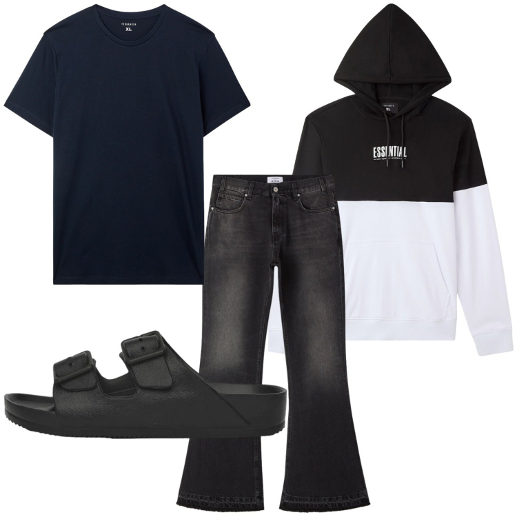 Outfit uomo - Easy. Stile Casual per Tutti i giorni. Abbinamento con felpe con cappuccio, t-shirt, jeans, sandali.