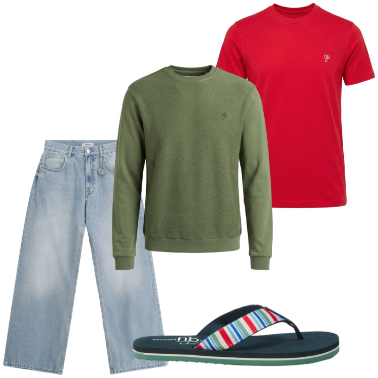 Outfit uomo - Pull militare. Stile Trendy per Tutti i giorni. Abbinamento con jeans, felpe, t-shirt, sandali.