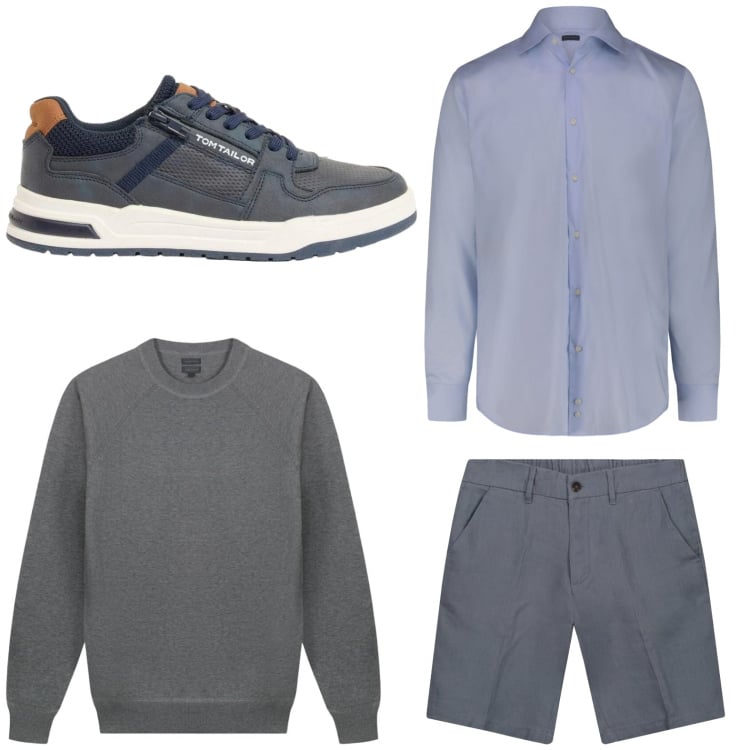 Outfit uomo - Bermuda con camicia. Stile Trendy per Tutti i giorni. Abbinamento con sneakers, bermuda, maglieria, camicie.