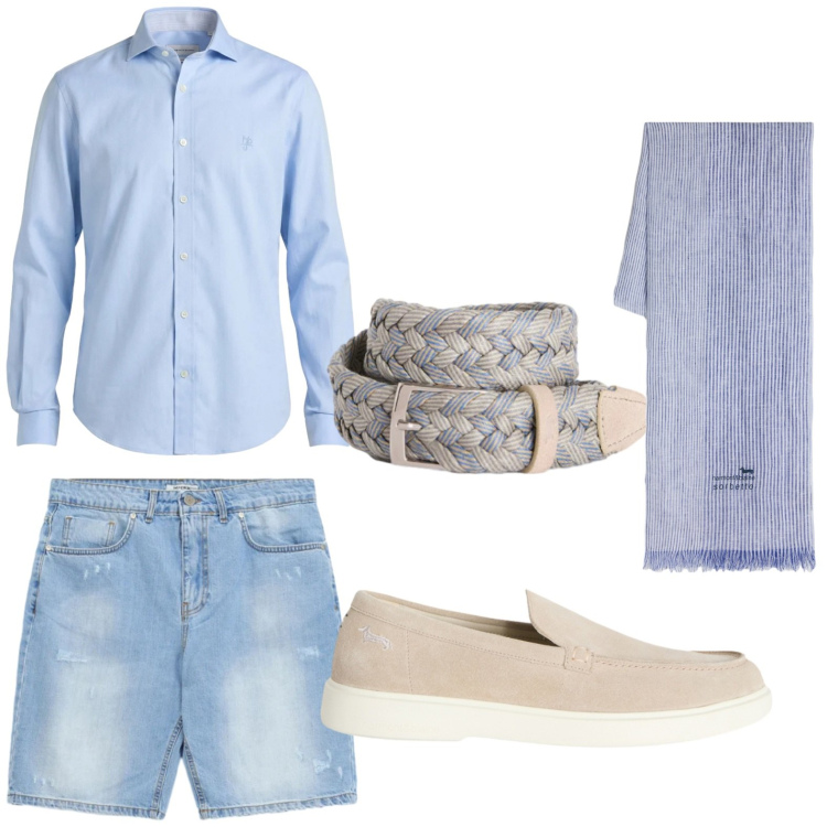 Outfit uomo - Equilibrio di colori. Stile Casual per Tutti i giorni. Abbinamento con bermuda, scarpe stringate, sciarpe, camicie, cinture.