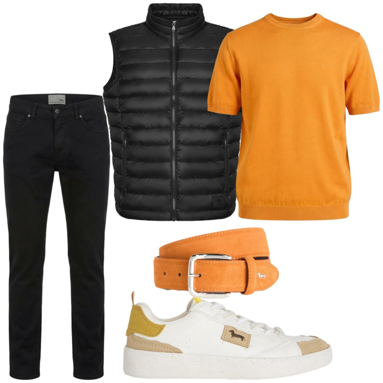 Outfit uomo - Orange touch. Stile Trendy per Tutti i giorni. Abbinamento con sneakers, cinture, pantaloni, t-shirt, piumini.