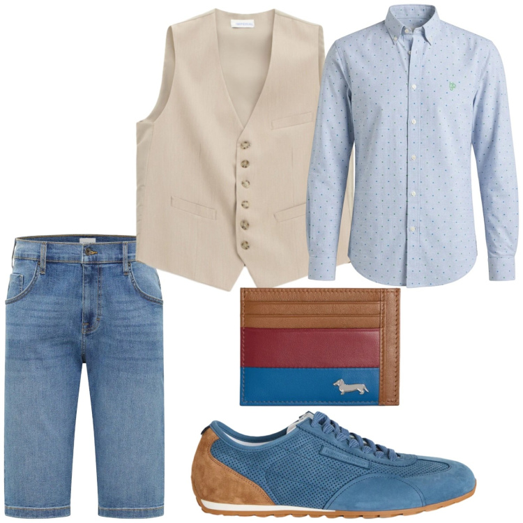 Outfit uomo - Camicia a pois. Stile Trendy per Tutti i giorni. Abbinamento con bermuda, gilet, portafogli, sneakers, camicie.