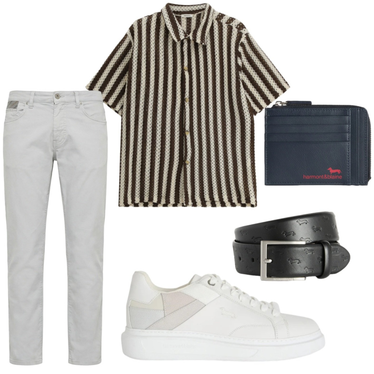 Outfit uomo - Righe verticali. Stile Casual per Tutti i giorni. Abbinamento con camicie a manica corta, sneakers, cinture, portamonete, pantaloni.