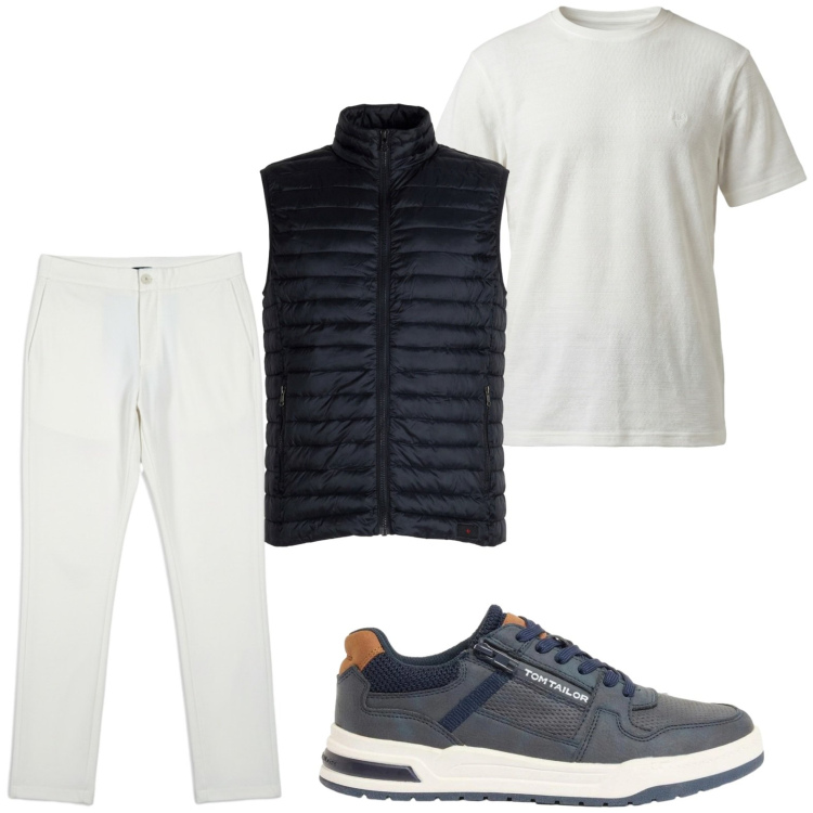 Outfit uomo - T-shirt basic. Stile Trendy per Tutti i giorni. Abbinamento con sneakers, t-shirt, pantaloni, piumini.