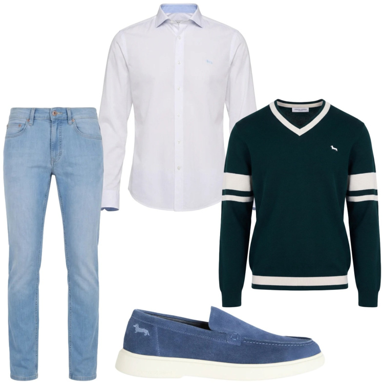 Outfit uomo - Pull rigato. Stile Trendy per Ufficio. Abbinamento con jeans, pullovers, scarpe stringate, camicie.