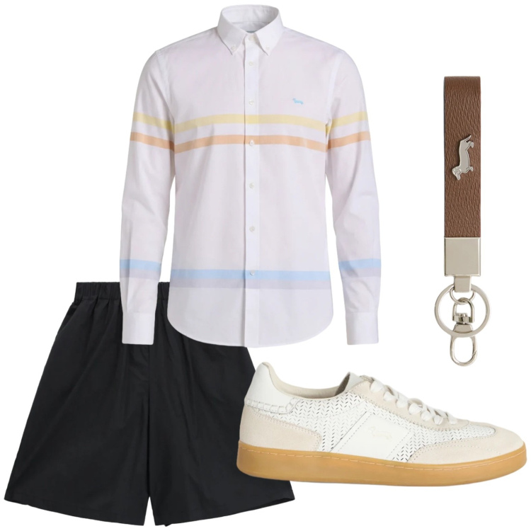 Outfit uomo - Easy. Stile Trendy per Tutti i giorni. Abbinamento con bermuda, portachiavi, sneakers, camicie.