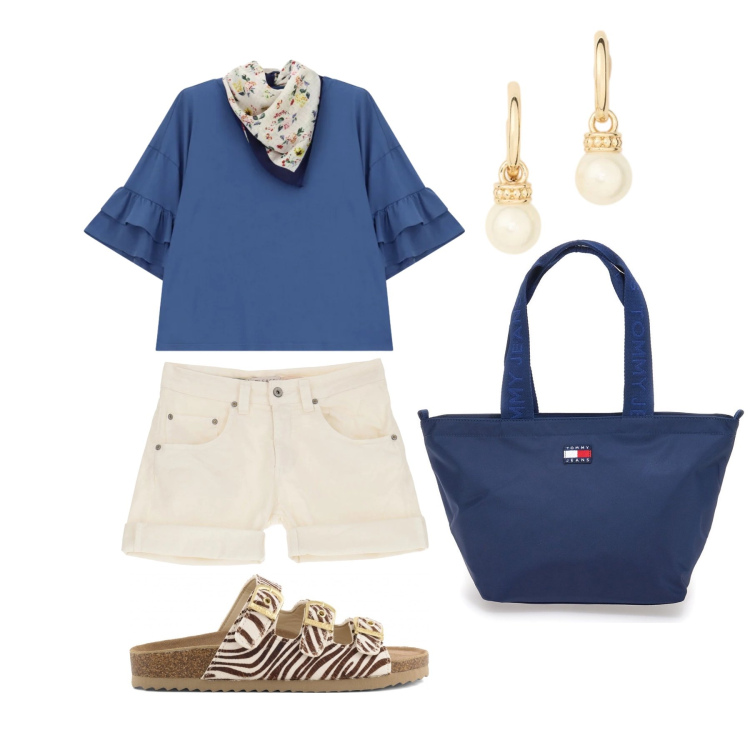 Outfit donna - Maggio. Stile Casual chic per Tutti i giorni. Abbinamento con shorts, top, orecchini, sandali in pelle, borse tote.