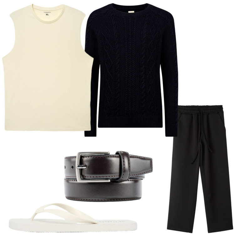 Outfit uomo - Ciabatta urban. Stile Urban per Tutti i giorni. Abbinamento con canottiere, sandali, pantaloni, maglieria, cinture.