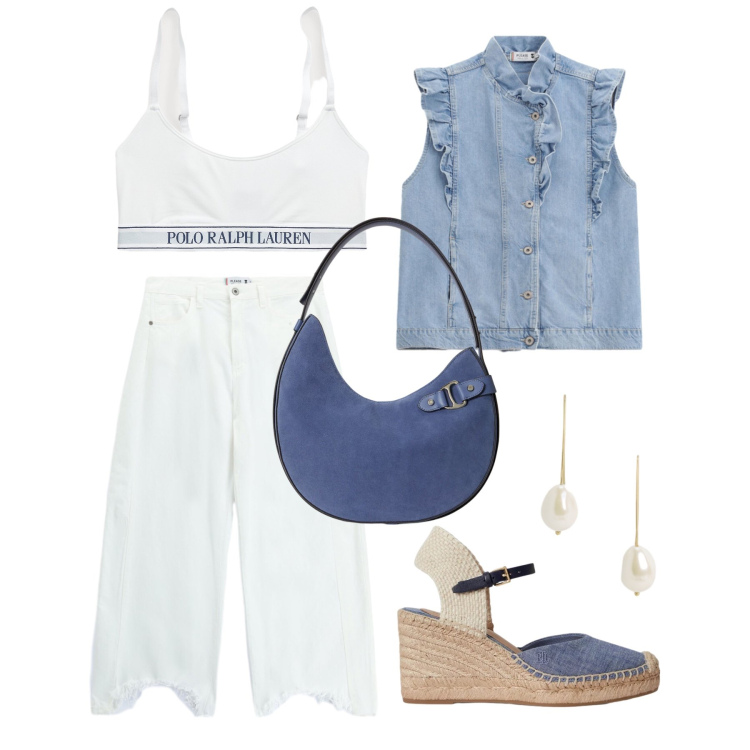 Outfit donna - Maggio. Stile Trendy per Tutti i giorni. Abbinamento con gilet, pantaloni a palazzo, espadrillas, reggiseni, orecchini, borse a spalla.