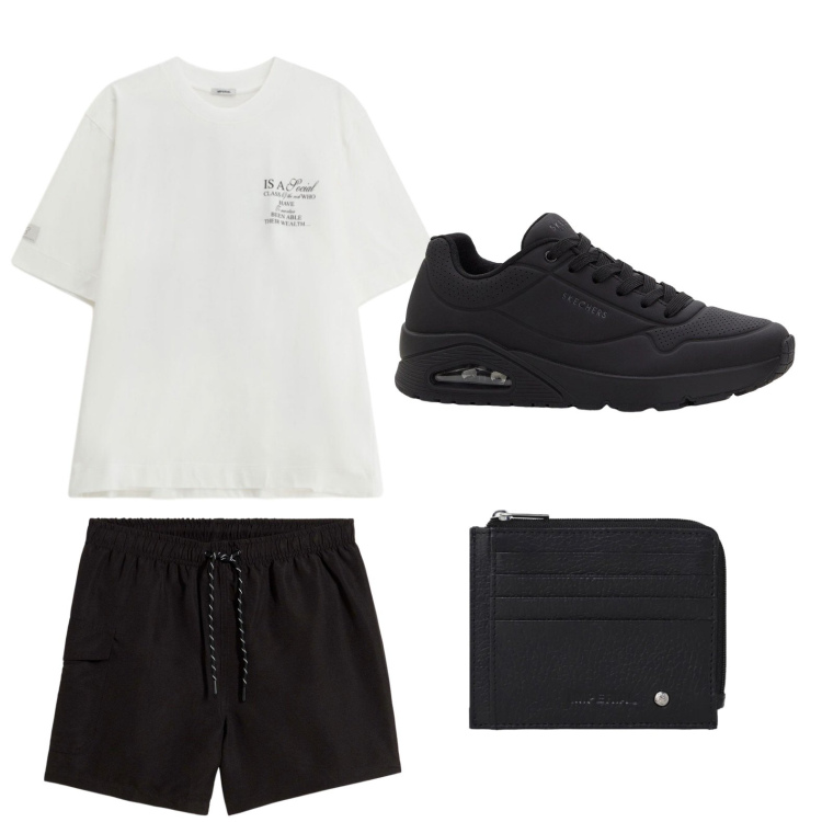 Outfit uomo - Guardaroba leggero. Stile Casual per Tutti i giorni. Abbinamento con pantaloni corti, sneakers, t-shirt, portafogli.
