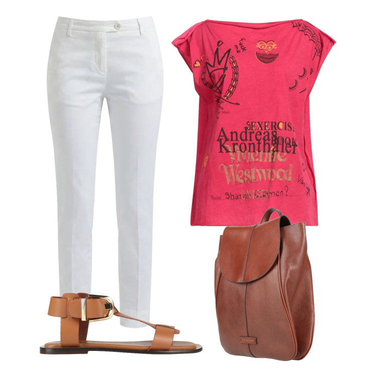 Outfit donna - Relax. Stile Casual chic per Tutti i giorni. Abbinamento con t-shirt, zaini, sandali alla schiava, pantaloni.