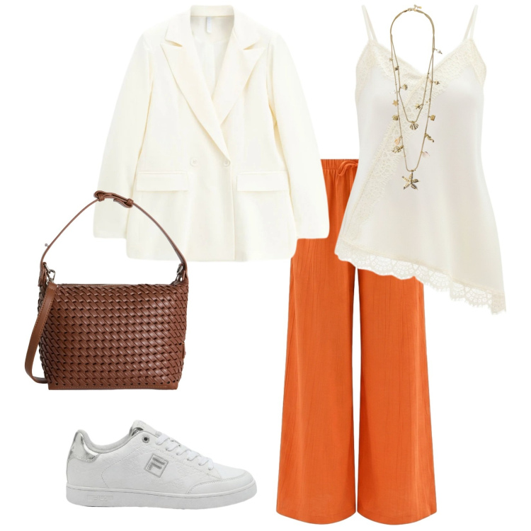 Outfit donna - Shopping in città. per Tutti i giorni. Abbinamento con sneakers, blazer, collane, pantaloni a palazzo, canottiere, borse a spalla.
