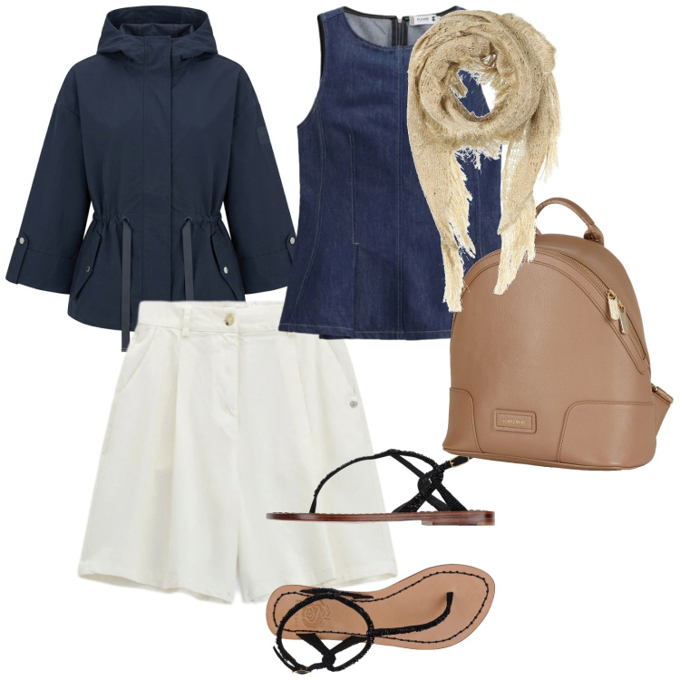 Outfit donna - Gite al mare. per Mare. Abbinamento con zaini, stole, infradito, caban, top, bermuda.