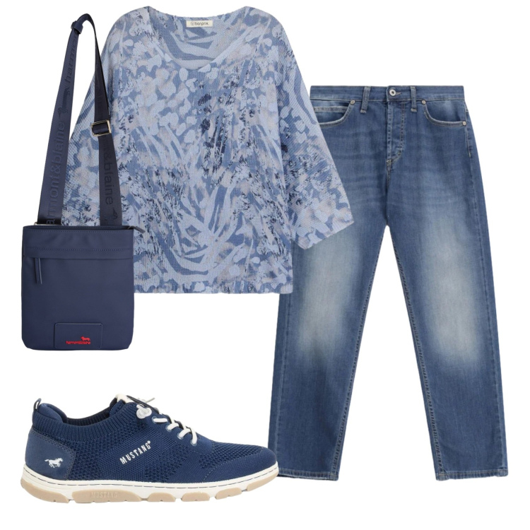 Outfit donna - Total look #2409662. Stile Casual per Tutti i giorni. Abbinamento con sneakers, t-shirt, borse a tracolla, jeans dritti.