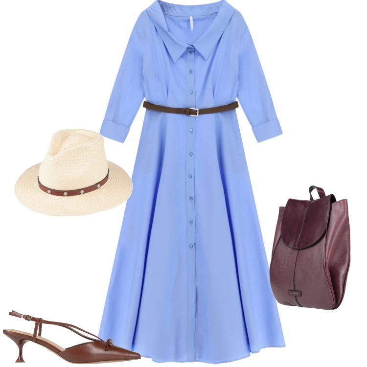 Outfit donna - Chic ufficio tempo libero. Stile Chic per Tutti i giorni. Abbinamento con cappelli, décolleté, zaini, vestiti chemisier.