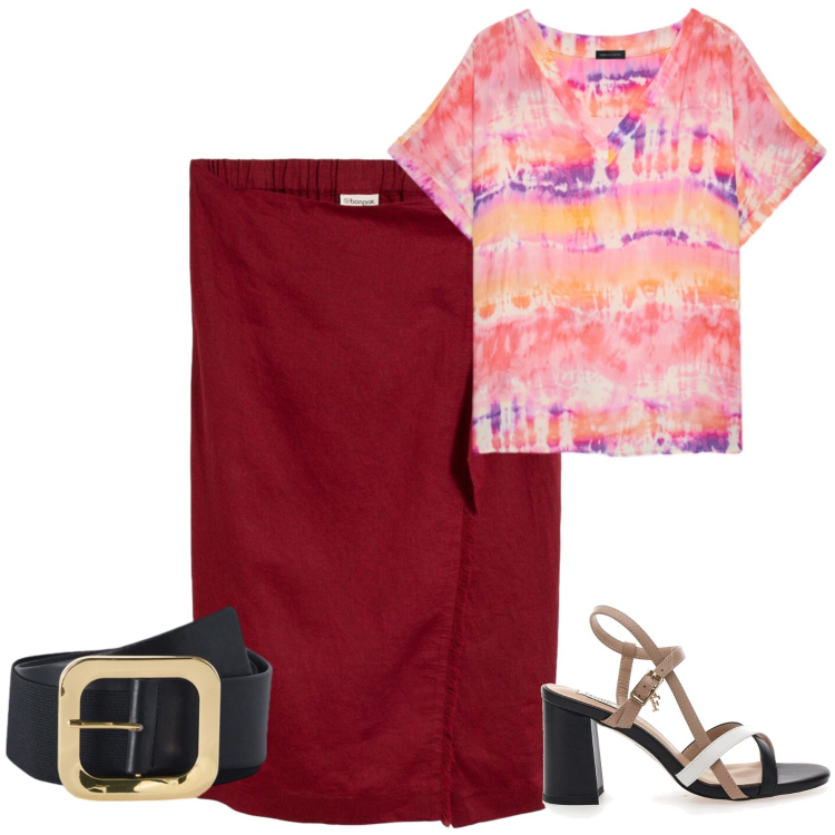 Outfit donna - Pomeriggio in centro. Stile Casual per Tutti i giorni. Abbinamento con gonne longuette, cinture, bluse, sandali col tacco.