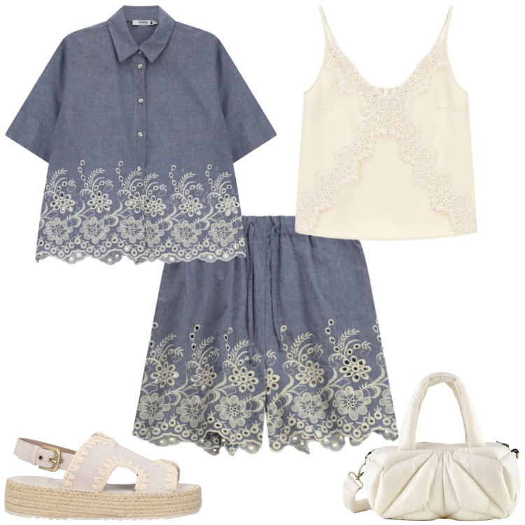 Outfit donna - Casual chic al mare. Stile Casual chic per Mare. Abbinamento con espadrillas, canottiere, shorts, camicie a manica corta, borse a mano.