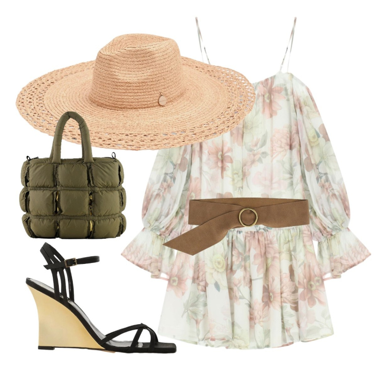 Outfit donna - City Summer Mood. Stile Romantica per Tutti i giorni. Abbinamento con cappelli, vestiti corti, sandali col tacco, cinture, borse a mano.