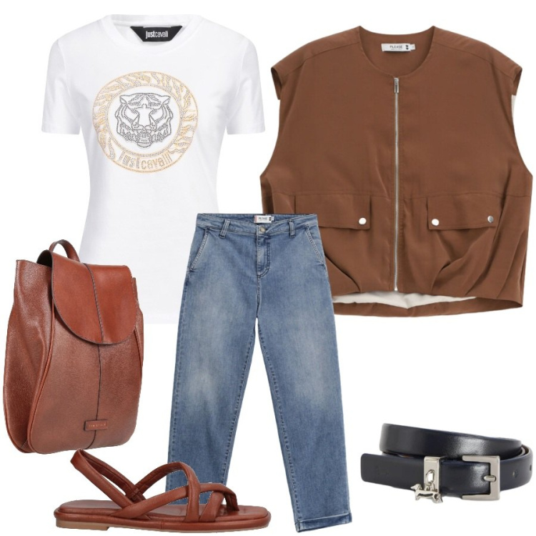 Outfit donna - Total look #2409674. Stile Casual chic per Ufficio. Abbinamento con ciabatte, zaini, t-shirt, cinture, jeans, gilet.