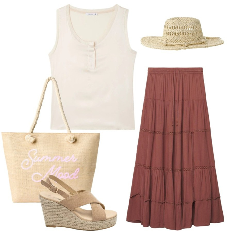 Outfit donna - Total look #2409676. Stile Minimal per Tutti i giorni. Abbinamento con sandali col tacco, gonne lunghe, borse tote, canottiere, cappelli.