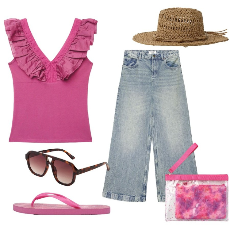 Outfit donna - Total look #2409677. Stile Casual per Tutti i giorni. Abbinamento con occhiali da sole, top, pochette, jeans, infradito, cappelli.