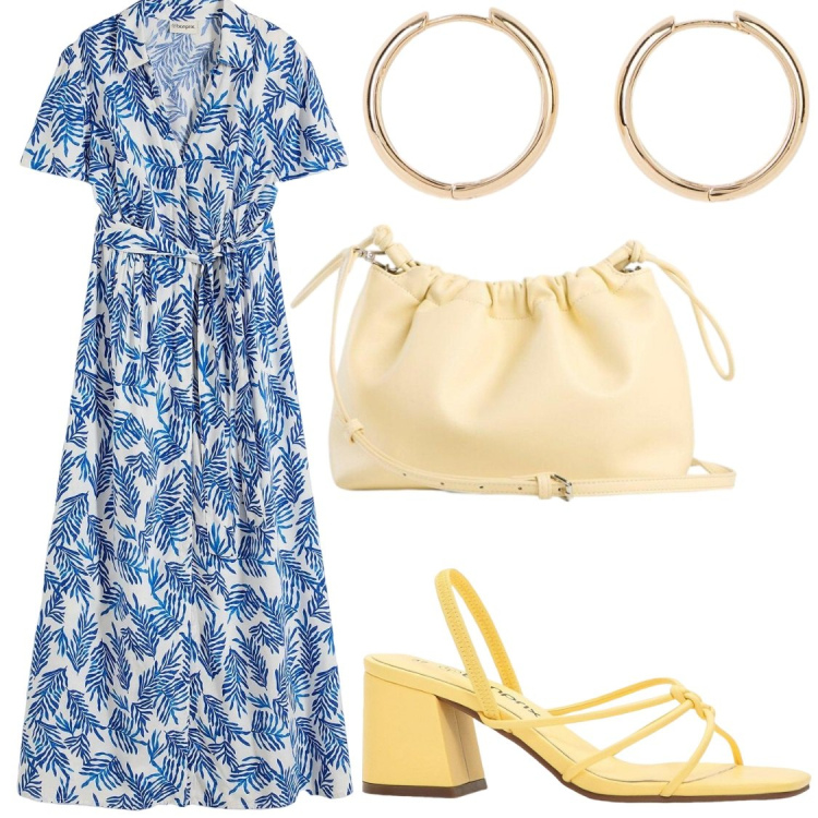 Outfit donna - Dolci contrasti. Stile Chic per Serata fuori. Abbinamento con sandali col tacco, vestiti lunghi, orecchini, borse a tracolla.