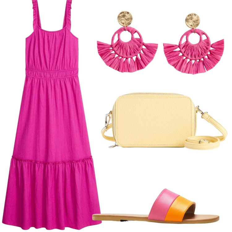 Outfit donna - Vacanze al villaggio. Stile Chic per Serata fuori. Abbinamento con ciabatte, vestiti lunghi, orecchini, borse a tracolla.