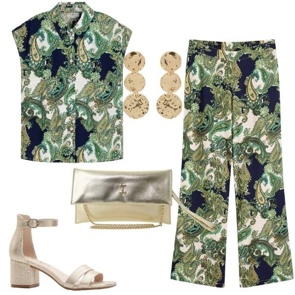 Outfit donna - Paisley. Stile Boho per Serata fuori. Abbinamento con pantaloni, camicie, sandali col tacco, borse a tracolla, orecchini.