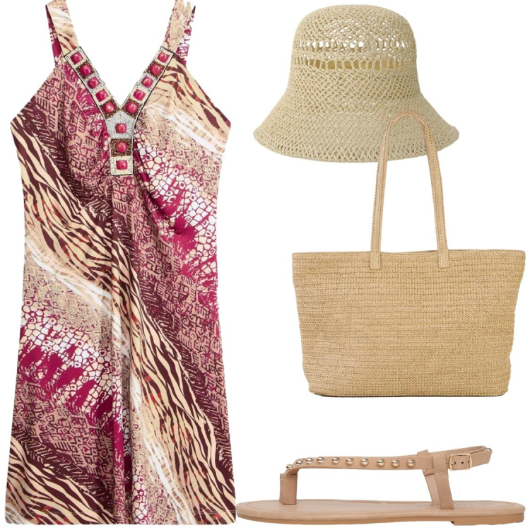 Outfit donna - Giri turistici. Stile Chic per Tutti i giorni. Abbinamento con vestiti, shopping bag, ciabatte, cappelli.