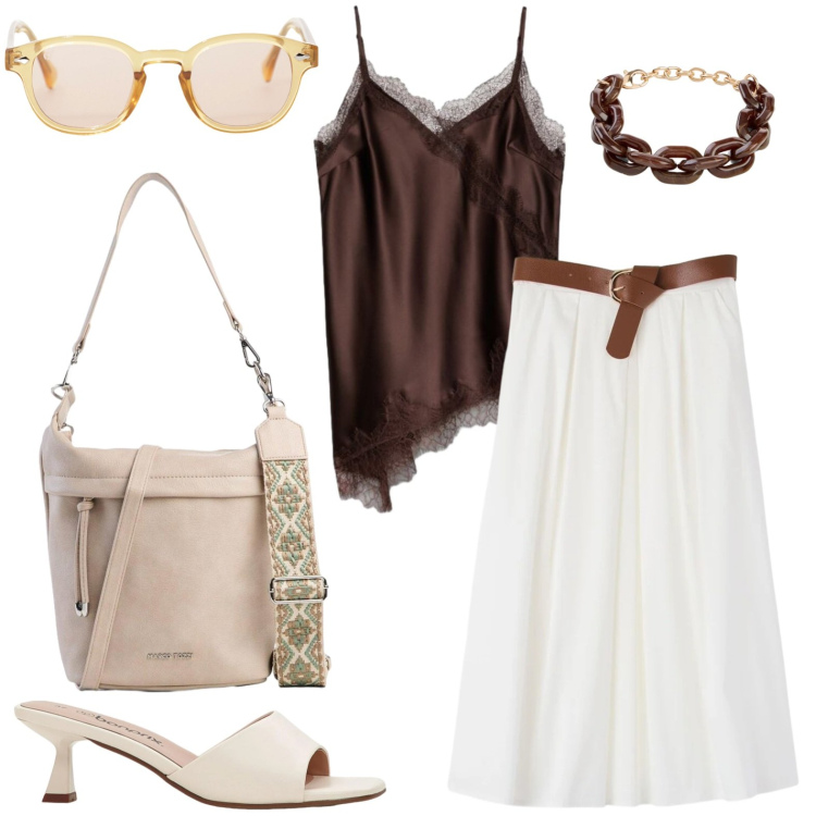 Outfit donna - Leggera. Stile Boho per Tutti i giorni. Abbinamento con ciabatte, borse a tracolla, braccialetti, canottiere, gonne longuette, occhiali da sole.