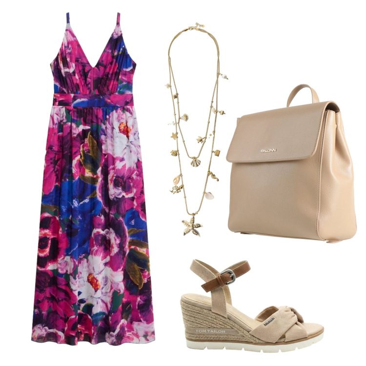 Outfit donna - Vestitino fantasia. Stile Boho per Tutti i giorni. Abbinamento con zaini, vestiti, sandali col tacco, collane.