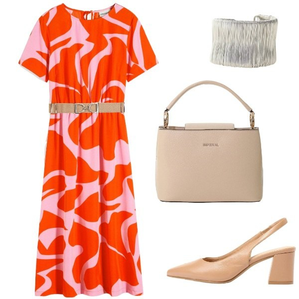 Outfit donna - Sprizzi gioia!. Stile Chic per Ufficio. Abbinamento con vestiti midi/longuette, décolleté, cinture, borse a secchiello, braccialetti.