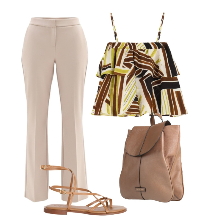 Outfit donna - Aperitivo. Stile Casual chic per Serata fuori. Abbinamento con zaini, pantaloni, sandali in pelle, top.