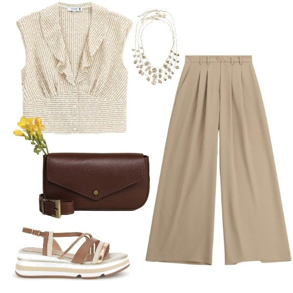 Outfit donna - Sabbia. Stile Sporty chic per Tutti i giorni. Abbinamento con camicie, pantaloni a palazzo, borse a tracolla, collane, sandali.