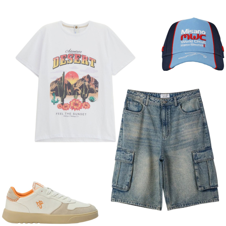 Outfit uomo - Maggio. Stile Casual per Tutti i giorni. Abbinamento con cappelli, pantaloni corti, t-shirt, sneakers.