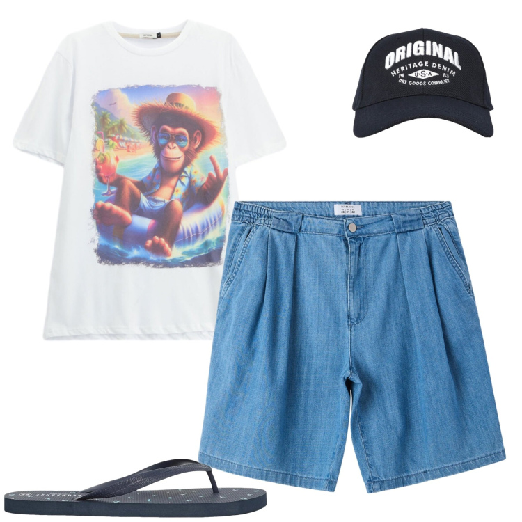 Outfit uomo - Total look #2409713. Stile Casual per Tutti i giorni. Abbinamento con sandali, shorts, cappelli con visiera, t-shirt.
